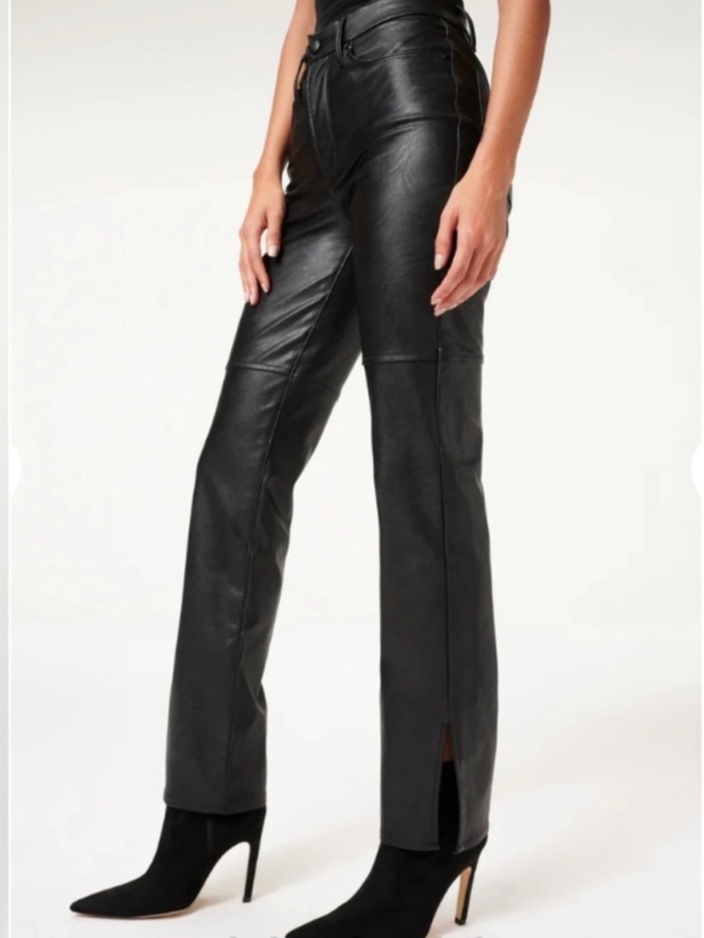 Good American Good Boy Black Leather Boot-Cut Pants with Ankle Slit